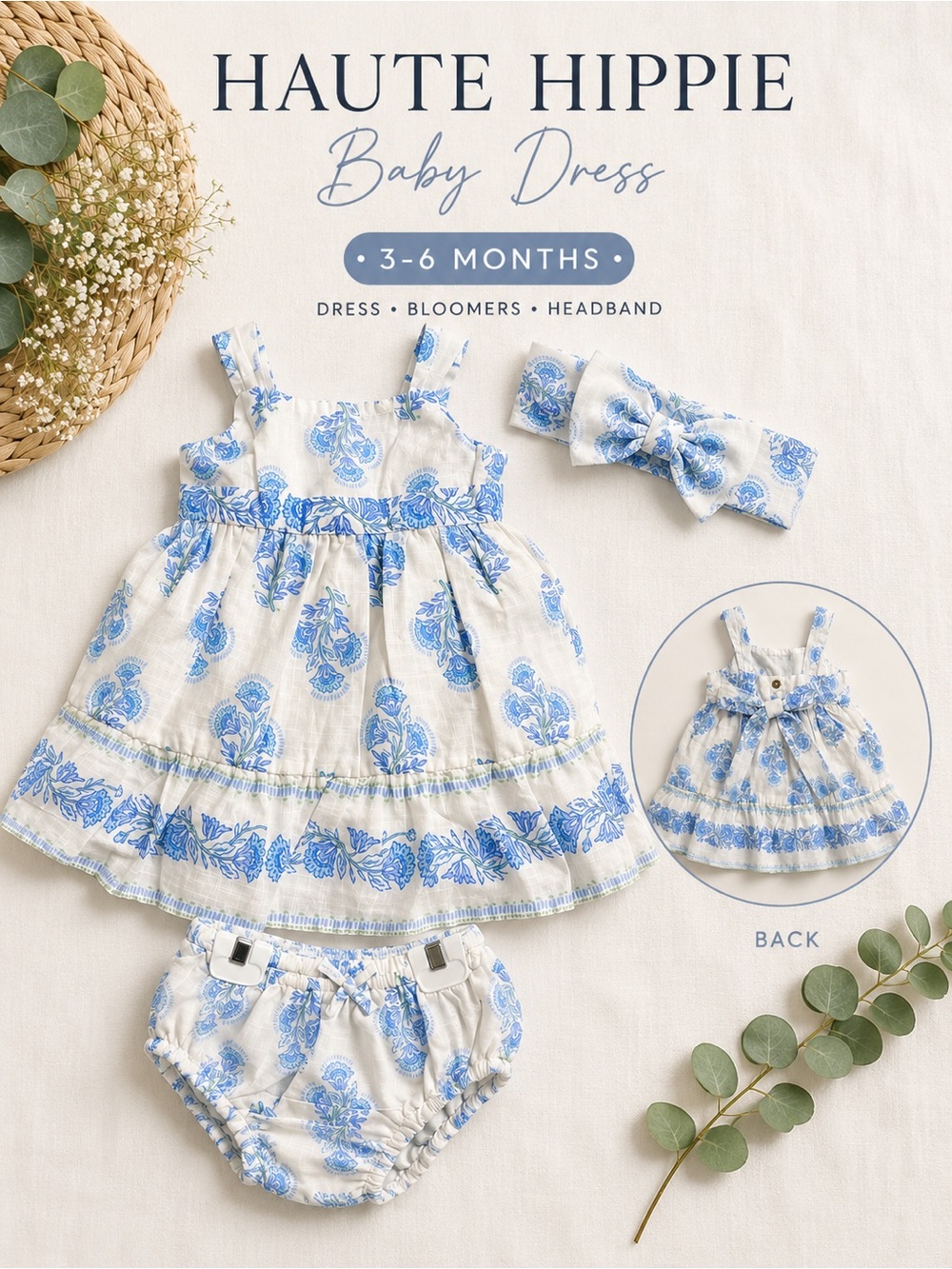 NWT Baby Blue Floral Dress Set - Infant Headband & Bloomers 3-6 months